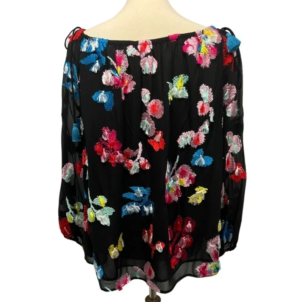 Tanya Taylor Georgette Tessa Black Silk Floral Embroidered Tassel Accent Top 8 - Picture 9 of 14